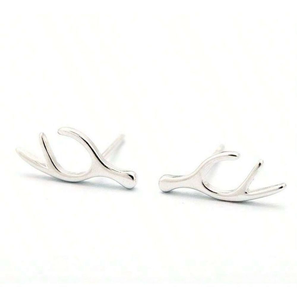 Holiday Christmas Festive Silver Tone Mini Antler Reindeer Stud Earrings